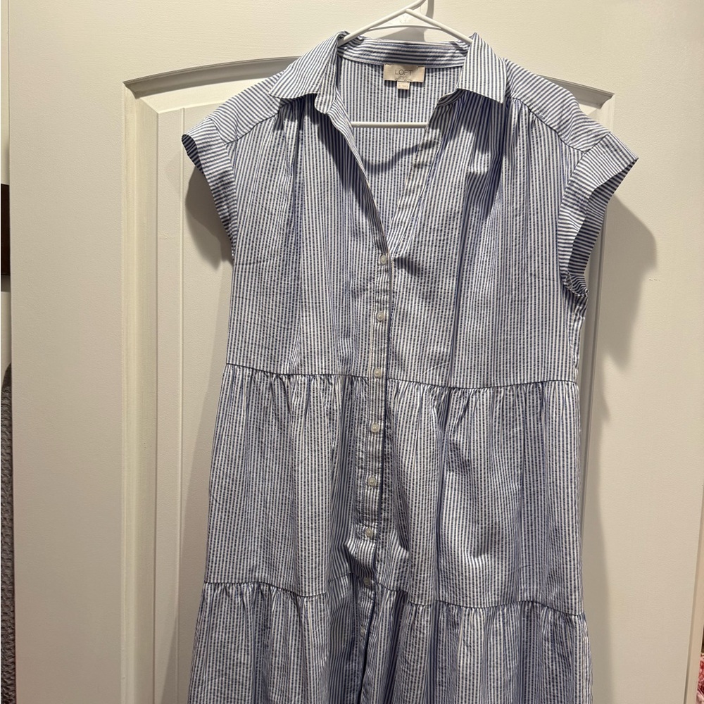 LOFT Blue and White Striped Tiered Button Dress